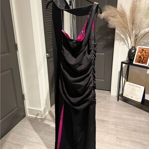 Fashion Nova Black and Pink Ruched Prom Dress